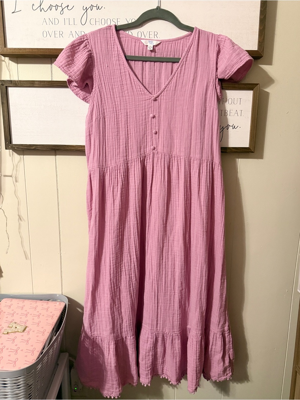 Time and Tru Mauve Short-Sleeve V-Neck Tiered Maxi Dress